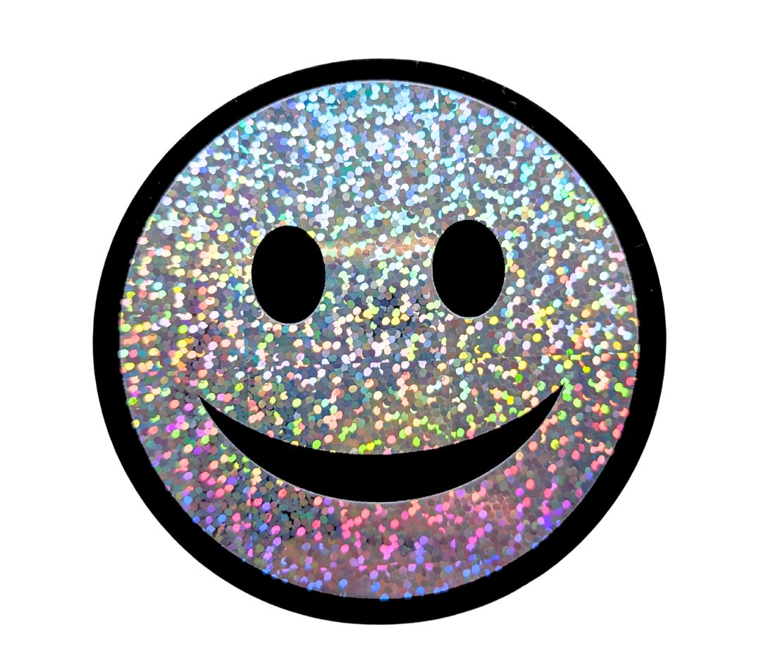 Trblietavá vodeodolná nálepka Smiley