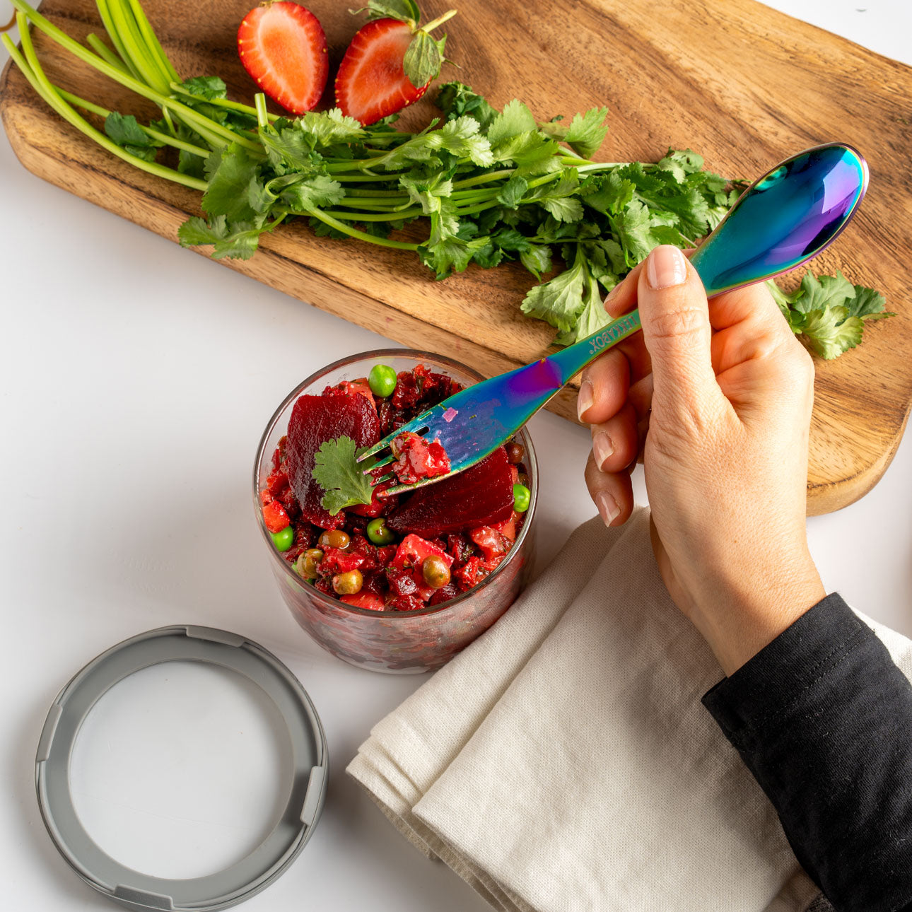 Veľká nerezová vidličko-lyžička dúhová