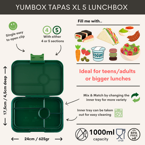 Yumbox XL Tapas 5 oddelení Greenwich zelená (transparentná zelená tácka)